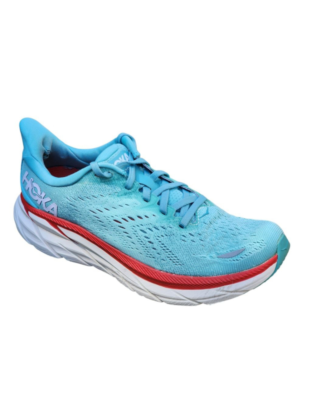 HOKA Women's Clifton 8 Aqua Blue Red Athletic Running Shoes Sneakers Size 7.5